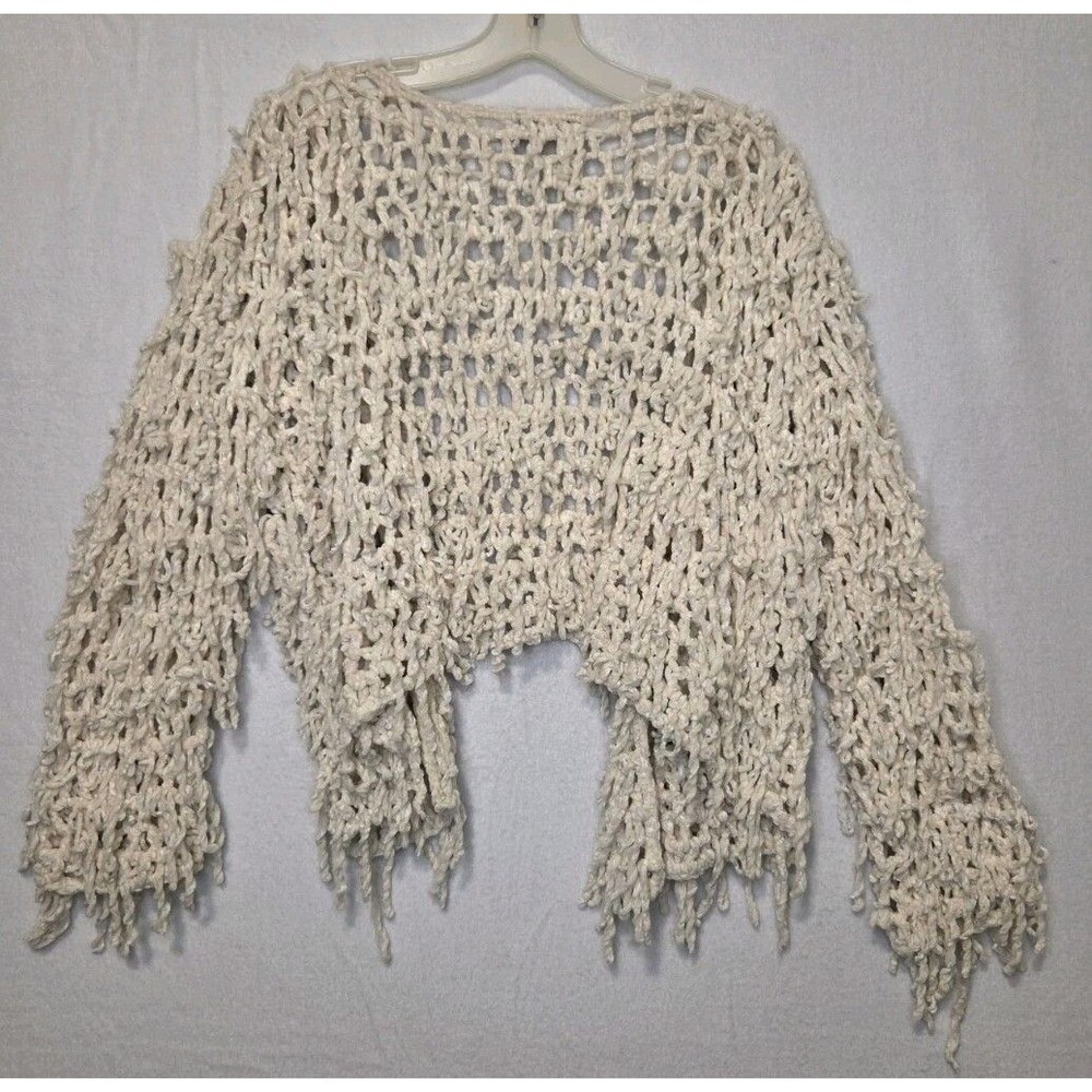 POL Cream Open Knit Fringe Cardigan Size Small Boho Chic Western Shaggy - Picture 8 of 8